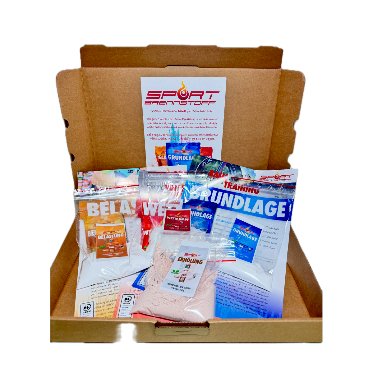 SportBrennstoff Probepaket mit Pulver für Grundlage, Belastung und Wettkampf in geöffneter Versandbox. Ideale Sportnahrung zum Testen.