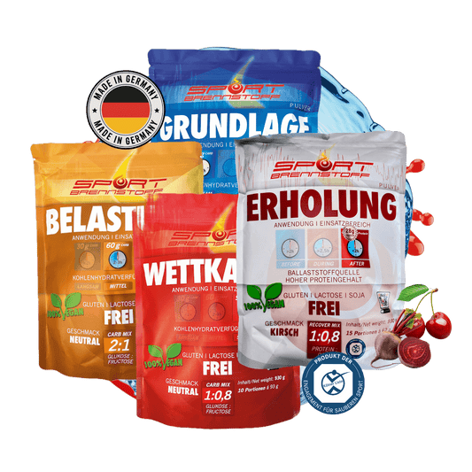 SportBrennstoff Komplettpaket kaufen - Fitnessziele erreichen: Vier vegane Pulverprodukte für Training, Wettkampf, Belastung und Erholung im Set.