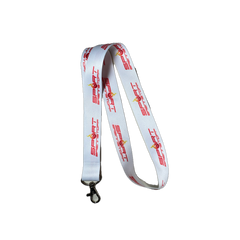 SportBrennstoff Schlüsselband / Lanyard für einen besonderen Auftritt in Weiß mit rotem Logo-Aufdruck und Metallhaken, ideal als Zubehör.
