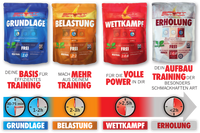 SportBrennstoff Komplettpaket kaufen - Fitnessziele erreichen: Vier farblich gekennzeichnete Pulverbeutel für Training, Wettkampf und Erholung. Ideal für Sportler zur Leistungssteigerung und Regeneration.