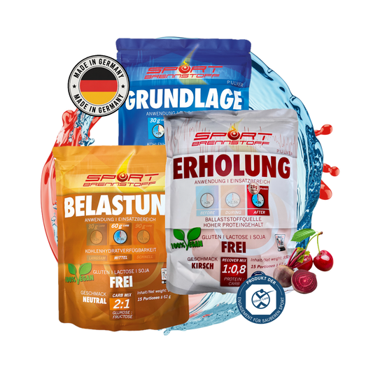 SportBrennstoff Trainingspaket Pulver mit drei Sorten: Grundlage, Belastung und Erholung. Energiepaket für Training und Regeneration, jetzt kaufen.