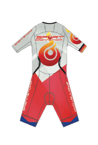 ZOOT Ultra Triathlon-Anzug – Sportbrennstoff ZOOT P1 in Rot-Weiß mit Flammenlogo, aerodynamisches Design für maximale Leistung im Wettkampf.