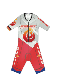 ZOOT Ultra Triathlon-Anzug – Sportbrennstoff ZOOT P1 in Rot-Weiß mit Flammenlogo, optimiert für Geschwindigkeit und Komfort im Wettkampf.